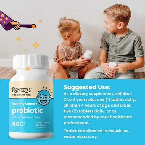 Renzo's Kids Probiotic - Dissolvable Probiotics for Digestive Health & Immune Support - 60 Cherry-Flavored Melty Tabs...