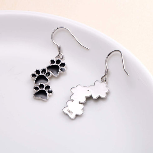 S925 Sterling Silver Jewelry Black Puppy Dog Cat Pet Paw Print Dangle Drop Earrings...
