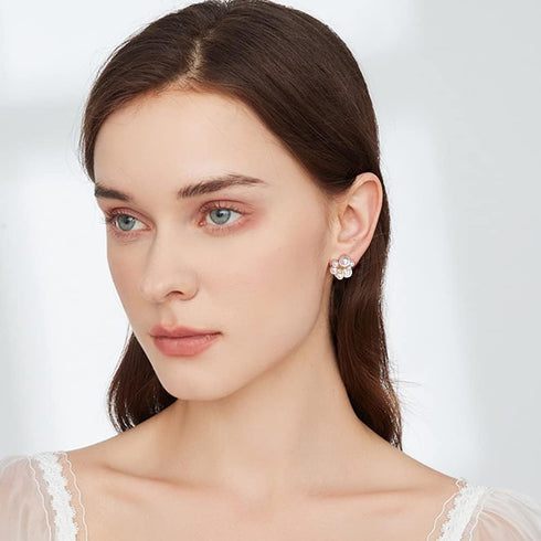 Pearl Flower Round CZ Stud Earrings for Women Dainty 925 Sterling Silver Post 14K Gold Plated Huggie Piercing Hypoallergenic Statement Studs Pin F...