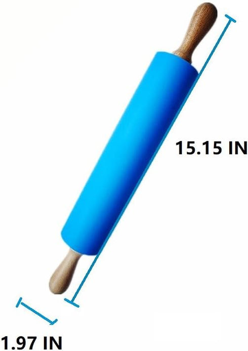 Silicone Rolling Pin Non Stick Surface Wooden Handle (Blue)...