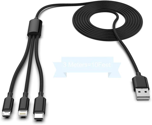 Multi 3 in 1 USB Long iPhone Charging Cable, 3M/10Ft Nylon Braided Universal Phone Charger Cord USB C/Micro USB/Lightning Connector Adapter for An...