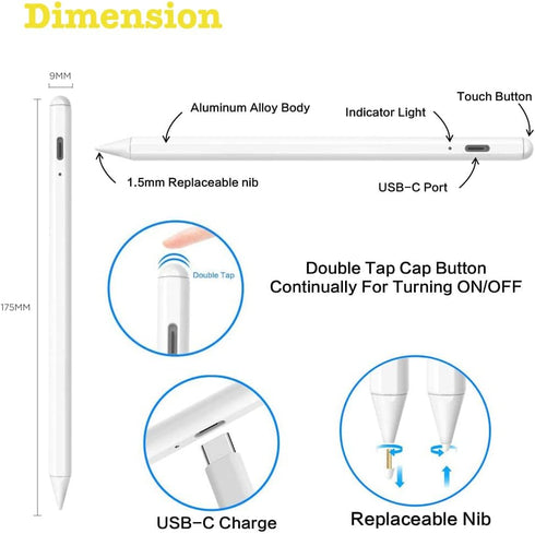 Stylus Pen for iPad Active Pencil with Palm Rejection Compatible with (2018-2021) Apple iPad 6/7/8th,iPad Pro(11/12.9 Inch), Mini 5th, Air 3/4th A...
