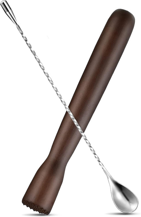 Patelai Wooden Cocktail Drinks Muddler Bar Muddler and 12 Inches Bar Spoon Stainless Steel Shaker Spiral Mixing Spoon for Making Cocktails Mojito ...
