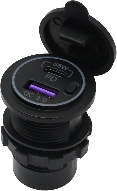 12V USB Car Charger Socket C Socket 65W PD3.0 Port and 18W Fast Charging 3.0 Car USB Charger Socket for Laptops/Tablets, Mobile Phones, Waterproof...