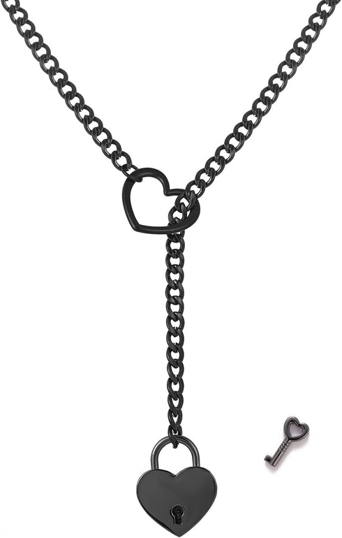 Heart O ring Slip Chain Necklace for Women Stainless Steel Cuban Chain Heart Necklace Punk Rock Collar Necklace Handmade Adjustable Lariat Y Neckl...