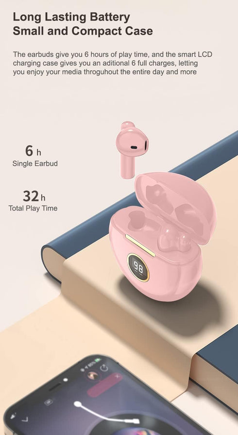 Acuvar in-Ear Wireless Bluetooth 5.1 Headphones, Earbuds IPX7 Waterproof with Microphone Rechargeable USB C Case with Round LCD Display for Smartp...