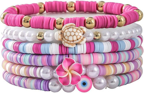 Pingyongchang Bohemian Turtles Heishi Beaded Stretch Bracelets For Women Polymer Clay Colorful Flower Vinyl Disc Surfer Layering Stackable Beads P...