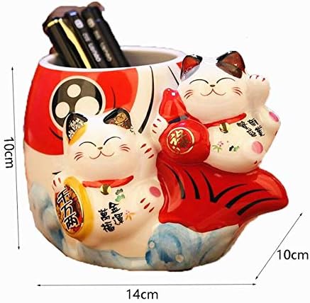 EatingBiting Fortune Japanese Lucky Beckoning Cats Maneki Neko Flower Pot Vase Pen Holder,Pair Cat set on fish,Ceramic Pencil Holder for Organizer...