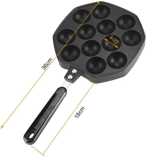 Junluck Non-Stick Pancake Pan, 12 Cavities Aluminum Baking with Plastic Handle & Hanging Hole, Grill Pan Plate for Takoyaki Octopus (Black)...