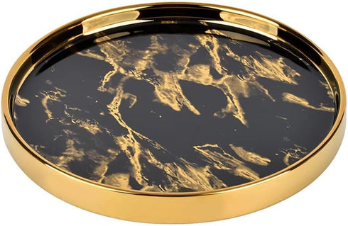 Small Round Black Decorative Tray – Marble Look Jewelry Dish, Perfume Organizer, Makeup Vanity Tray for Dresser, Counter, or Bedroom...