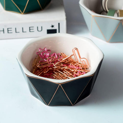Paper Clip Holder With Gold Line Geometric Ceramic Paper Clip Dispenser for Desk Cute Paper Clip Organizer Office Binder Clip Holder (Black-1)...