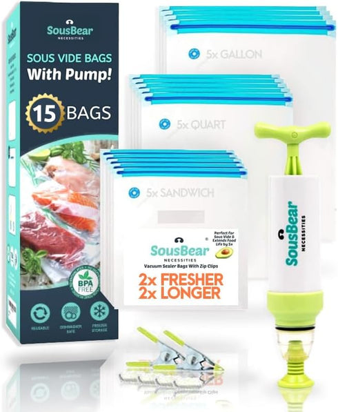 Sous Vide Bags with Pump, 20 Pack pt, qt, gal Reusable Vacuum Seal Bags, Freezer Safe, Commercial Grade, BPA-Free, 2 Clips Great for Sous Vide Coo...