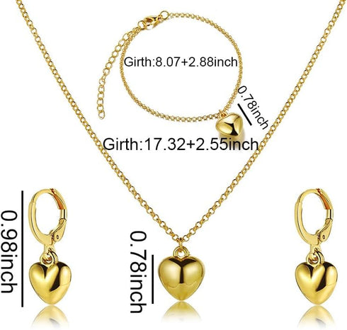 Gold Heart Earrings Bracelet Necklace Set for Women Girls Heart Dangle Drop Earrings Dainty Heart Pendant Choker Necklace Gold Plated Bangle Brace...