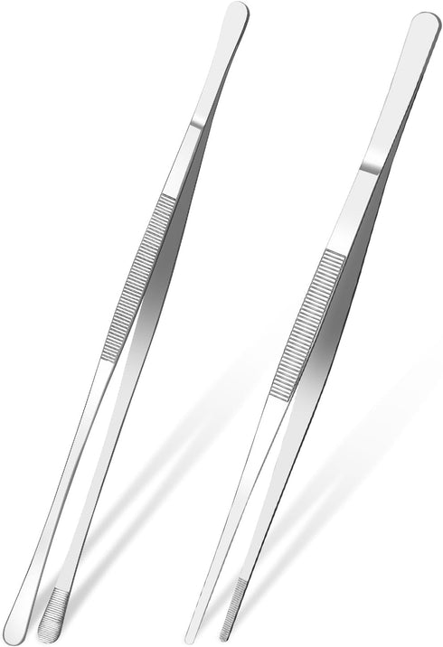 2 Pcs 12-Inch kitchen tweezers, Fine tweezer tongs with precision serrated tips, Professional Extra-Long stainless steel cooking tweezers tongs, T...