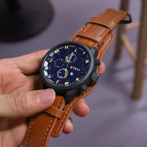 Big Face Round Dial Men Cool Watches Vintage Retro Steampunk Rock Wide Leather Strap Watch Fashion Cuff Sport Watch Quartz Calendar Wristwatch (br...