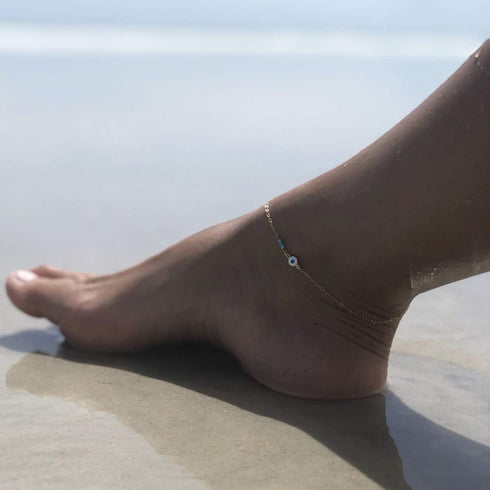 Gold Dainty Turquoise Anklet for Women,14K Gold Plated Cute Tiny Beaded Evil Eye Boho Beach Foot Chain Ankle Bracelet for Women on Summer...