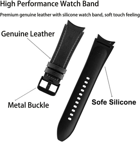 No Gaps Band Compatible with Samsung Galaxy Watch 6/5/ 4 40mm 44mm, Genuine Leather with Silicone Replacement Bracelet Bands Strap for Galaxy Watc...