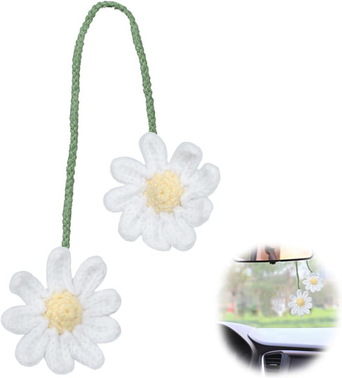 1 Pack Cute Crochet Flower Car Accessories Ladies Knitted Mirror Accessories Daisies Car Decoration Accessories (White)...