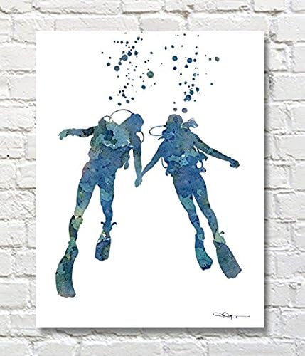 Scuba Divers Abstract Watercolor Art Print By Artist David J Rogers....