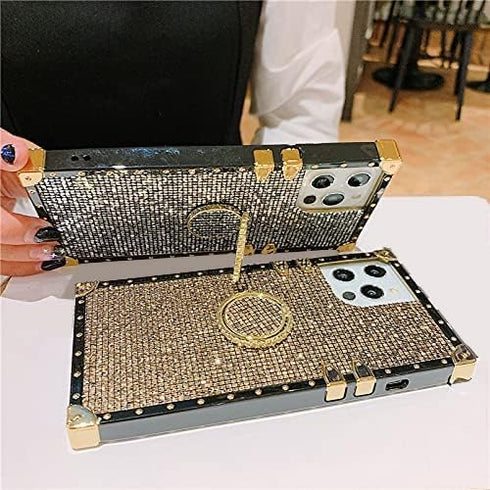 for Samsung Galaxy Z Flip 4 Bling Case,Luxury Bling Glitter Sparkle Cute Gold Square Corner Soft Trunk Cover with Finger Ring Grip Kickstand Phone...