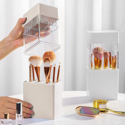 Make-Up Brush Holder,Brush Drying and Storage Box with Lid, Acrylic Makeup Brush Air Drying Rack Holder Cosmetic Brush Organizer, Waterproof Dustp...