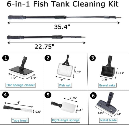 AQUANEAT Fish Tank Cleaning Tools, 6 in 1 Aquarium Cleaning Tools, including Algae Scraper, Sponge Pad, Fish Net, Gravel Rake and Cleaning Brush...