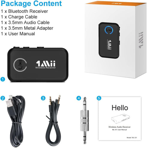 1Mii Bluetooth 5.0 Music Receiver for Car/Home Stereo, Aux Bluetooth Adapter for Car with Volume Control Supports Hands Free Calls, 16H Battery Li...