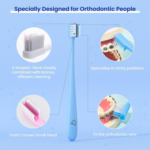 Y-Kelin V-Shaped Orthodontic Toothbrush for Braces Brackets 4 Count (Pack of 1) Soft Bristle with Inter Dental Brush...