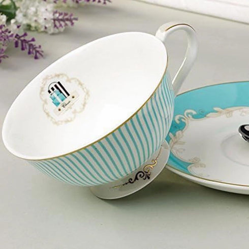 Cup& Saucer Set Bone China Porcelain Tea Coffee Cup for Breakfast Afternoon Tea- Blue Stripe Pattern (1)...
