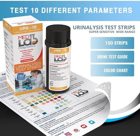 10 Parameter Urine Test Strips for Urinalysis(150 Cnt) in Sealed Pouches. Tests for Ketosis, pH, Protein, UTI, Kidney and Liver Function...