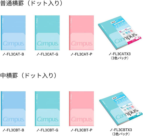 KOKUYO Campus Feels Flat Notebooks, Dot A 7mm Ruled, Semi-B5, 30 Sheets, 30 Lines, Pack of 3, Blue, Green and Pink, Japan Import (NO-FL3CATX3)...