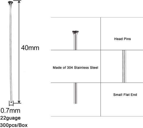 300pcs 304 Stainless-Steel Head Pins for Jewelry Making 22 Gauge 40mm Silver Flat Head pins for DIY Earrings Necklace Pendant Jewelry Findings Sup...