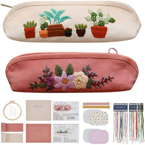 WEBEEDY 2 Sets DIY Embroidery Kit Canvas Zipper Pouch Handmade Embroidery Canvas Pencil Case Cosmetic Bags DIY Embroidered Clutch Starter Kit with...