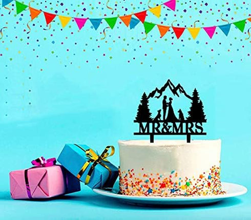 YzYbuaego Mountain Wedding Cake Topper Mr & Mrs Cake Decorations Forest Theme Outdoors Wedding Cake Topper (Mountain and Dog)...