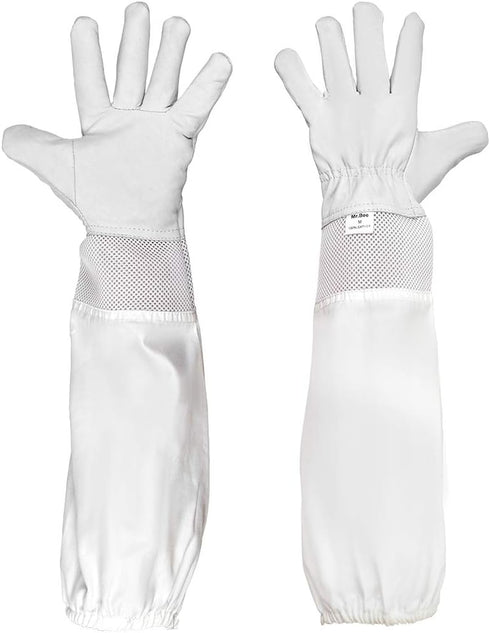 Mr.Bee Beekeeping Supply Goatskin Leather Beekeeper Gloves with Vent Long Canvas Sleeve & Elastic Cuff M...