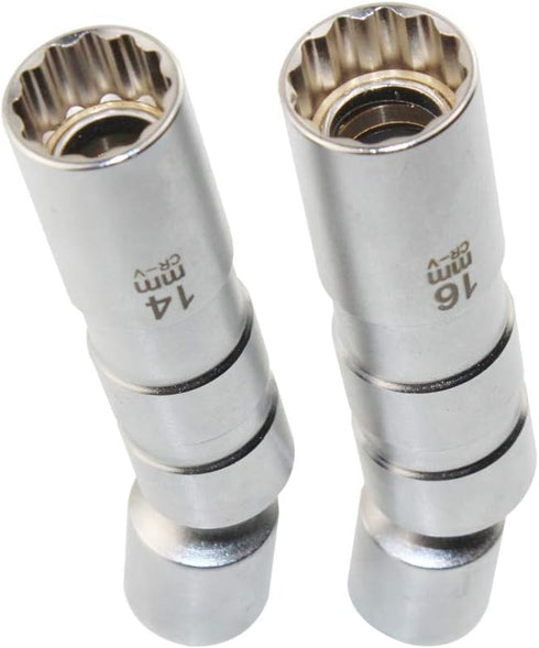 QISF 14MM & 16MM Thin Wall Magnetic Swivel Spark Plug Socket - 3/8-Inch Drive 12-Point Spark Plug Socket Removal Tool - Swivel Extension Permits A...