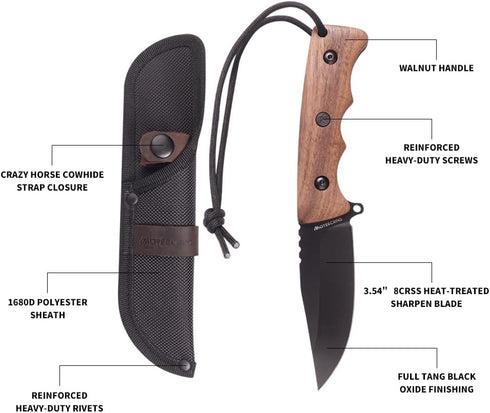 Compact Fixed Blade Knife Full Tang Short Knife Blade Wood Handle with Sheath Clip, Paracord for EDC Outdoor Camping Hiking Gift...