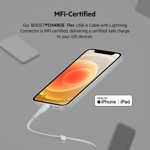 Belkin BoostCharge Flex Silicone USB-A to Lightning Cable (2M/6.6FT), MFi-Certified Charging Cable for iPhone Series with Cable Clip - White......