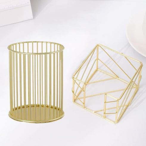 2Pcs ( Square + Circle ) Post Note Holder + Pen Holders,Gold Metal suit for Desk Memo?tableware?flowers?marker pencil Storage,Home Office Supplies...