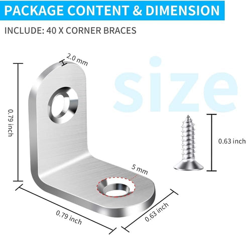 40PCS L Bracket Corner Brace, Stainless Steel Corner Bracket, Metal Joint Right Angle Bracket Fastener for Wood Chair Bookshelf Furniture Cabinet ...