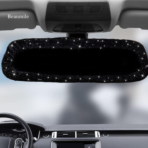 Bling Rearview Mirror Accessories Elastic Plush Car Rear View Mirror Cover for Women Bling Car Accessories Universal Fit Black...