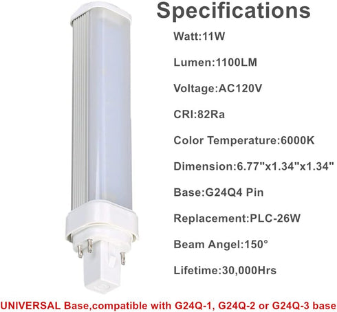11W G24Q LED Bulb, 4 Pin CFL LED Replacement, G24Q PLC-26W Replacement, 1100LM, 120V 6000K LED Horizontal PL Bulb, Bypass The Ballast (Remove The ...