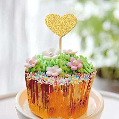 WARMBUY 50 Pack Double Sided Gold Glitter Cupcake Toppers Attached with Sticks for Baby Bridal Shower Birthday Party and Wedding (Heart)...