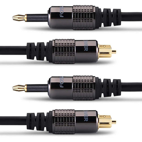 FosPower 24K Gold Plated Toslink to Mini Toslink Digital Optical S/PDIF Audio Cable with Metal Connectors & Strain-Relief PVC Jacket - 3ft/2Pack...