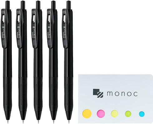 Zebra Sarasa R 0.5mm, Retractable Gel Ink Pen, Black Ink 5 set (JJ29-R1-BK1) &"monoc" Sticky Note(Japan Import)...