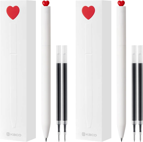 Kaco FIRST Gel Ink Pens, Pack of 2 Pieces Cute Heart Pen Set with Extra 4 Black Refills (2 White)...