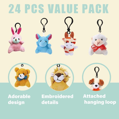 24 Pack Mini Plush Animals Toys, Small Stuffed Animal Plush Keychain Set for Goodie Bag Fillers, Easter Basket Stuffers, Easter Party Favors, Clas...