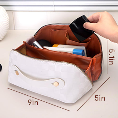 Large Capacity Brown Checkered Makeup Bags Portable Travel Cosmetic Bags Open-Flat Toiletry Bag for Women Girls Make Up Organizer with Divider Pou...