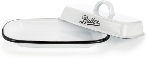 Suwimut Enamelware Butter Dish with Lid, Farmhouse White Butter Dish Vintage Style Black Rim Enamel Butter Container with Cover, Metal Butter Keep...