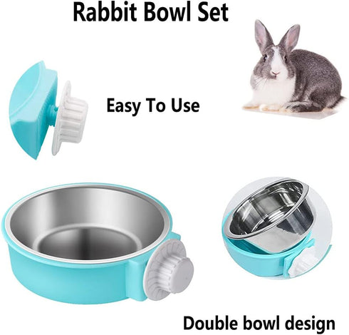 Rabbit Bowls Set, Big Pet Bunny Food Bowls Small Animals Cage Bowl and Stainless Steel Hanging Water Food Feeder Bowls for Big Bunny Food Dish...